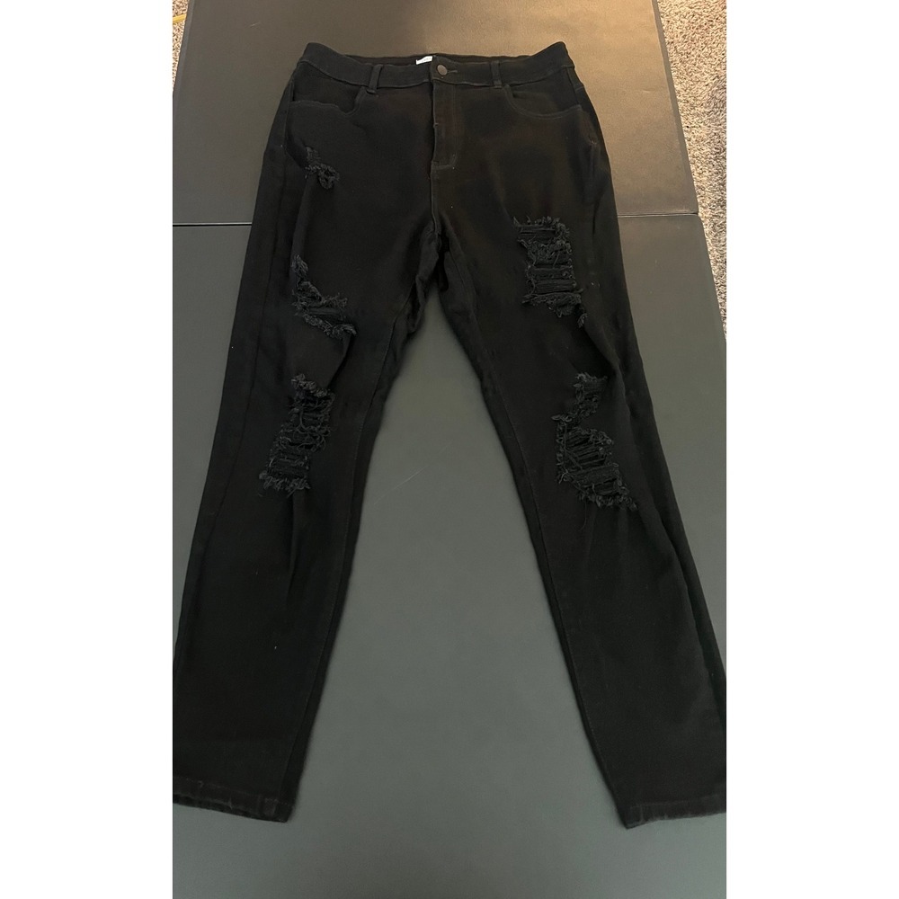 Encore Jeans Womens 1XL 14 Black Distressed Ripped High Rise Skinny Denim (1181)